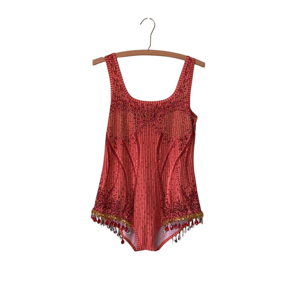 Red Sequin One-Piece Bodysuit with Beaded Fringe